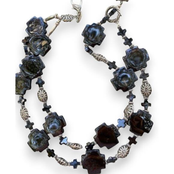 SALE!! Black Onyx Cross Lanyard - Black & Silver Double Strand Chunky Necklace - Picture 1 of 9